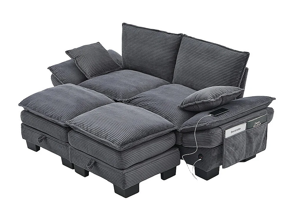 Canapé 2 places velours côtelé, avec deux repose-pieds，mousse haute densité,port USB-C et poches latérales，gris foncé