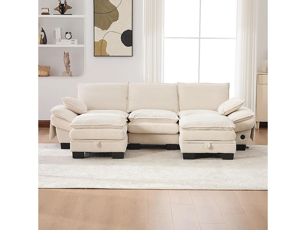 Canapé 3 places velours côtelé, avec deux repose-pieds，mousse haute densité,port USB-C et poches latérales，beige