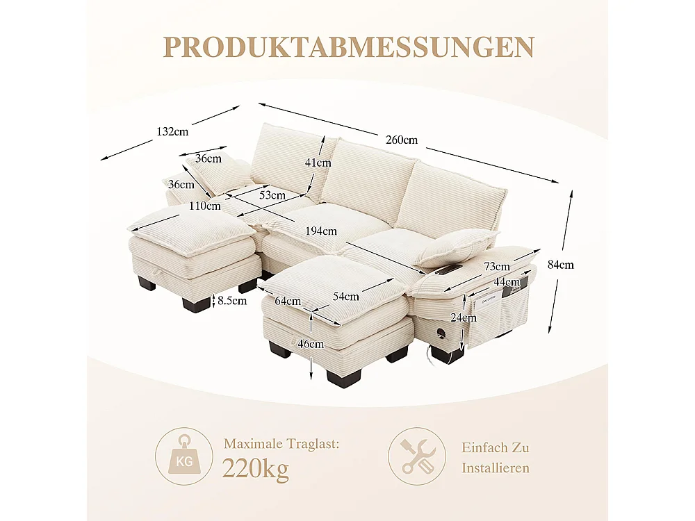 Canapé 3 places velours côtelé, avec deux repose-pieds，mousse haute densité,port USB-C et poches latérales，beige