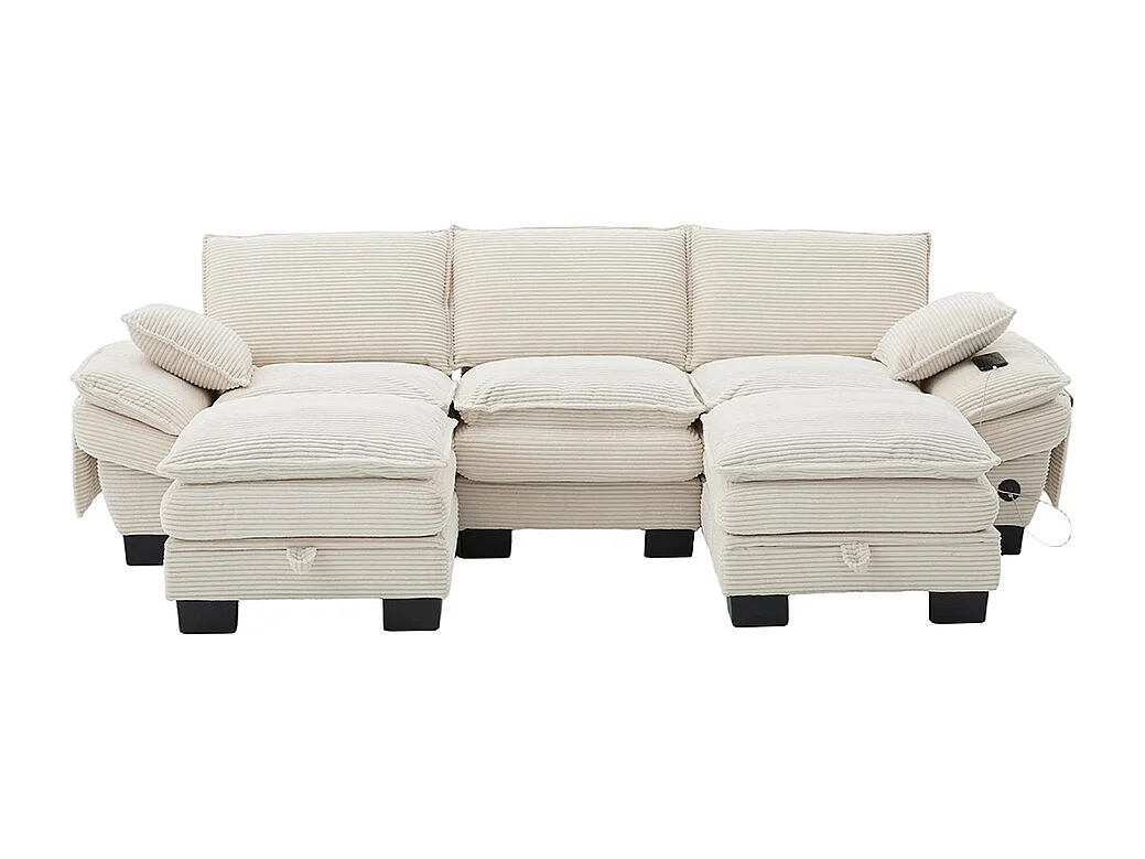 Canapé 3 places velours côtelé, avec deux repose-pieds，mousse haute densité,port USB-C et poches latérales，beige
