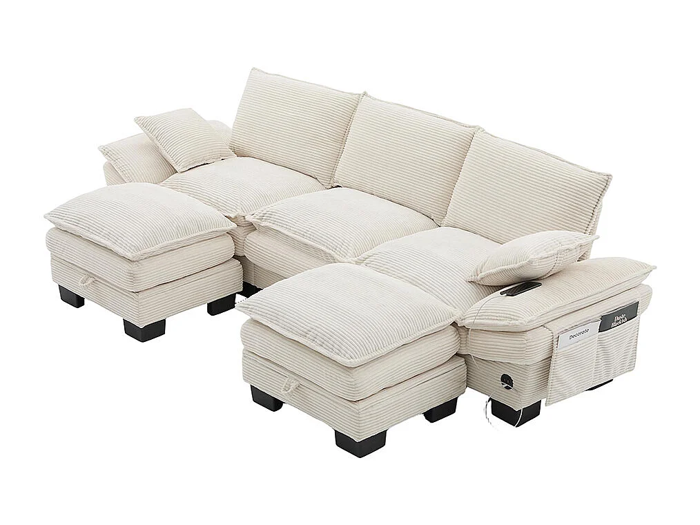 Canapé 3 places velours côtelé, avec deux repose-pieds，mousse haute densité,port USB-C et poches latérales，beige