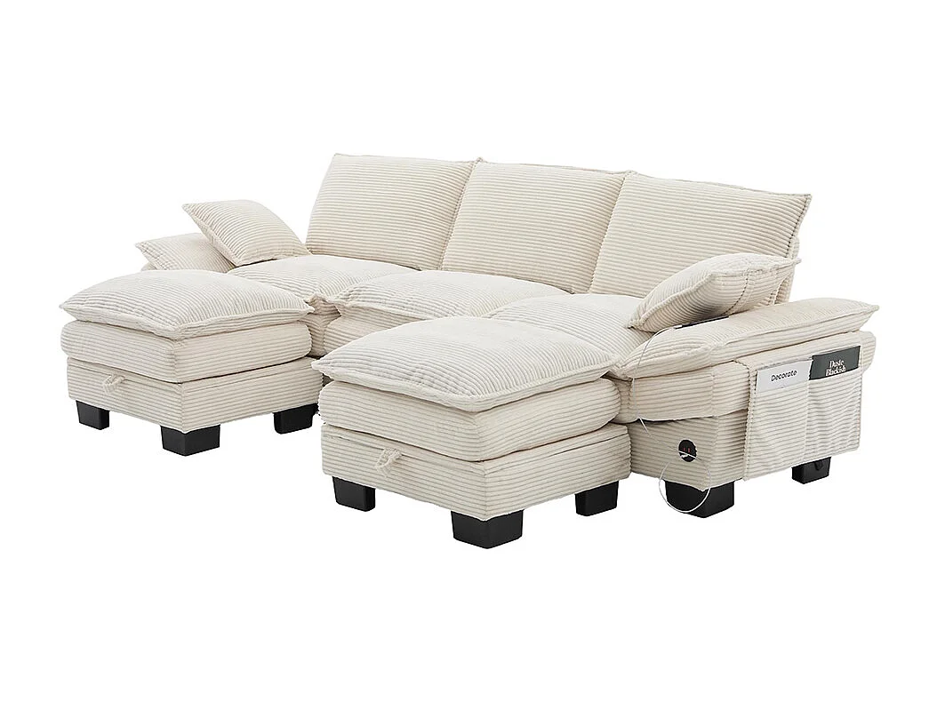 Canapé 3 places velours côtelé, avec deux repose-pieds，mousse haute densité,port USB-C et poches latérales，beige