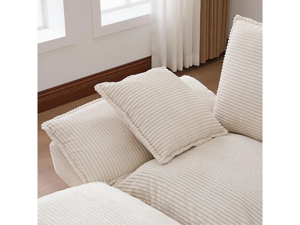 Canapé 3 places velours côtelé, avec deux repose-pieds，mousse haute densité,port USB-C et poches latérales，beige