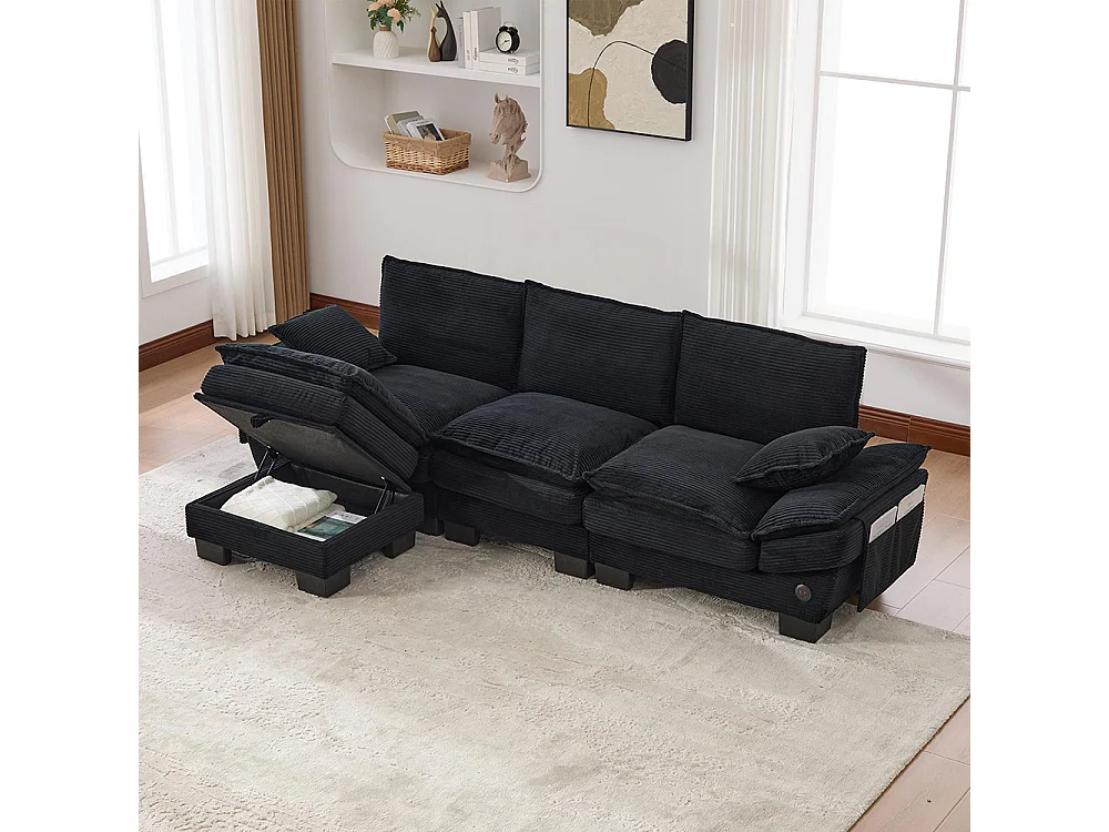 Canapé 3 places velours côtelé, repose-pieds inclus，mousse haute densité,port USB-C et poches latérales，noir