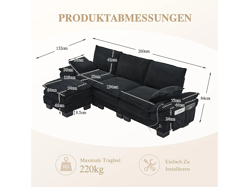 Canapé 3 places velours côtelé, repose-pieds inclus，mousse haute densité,port USB-C et poches latérales，noir