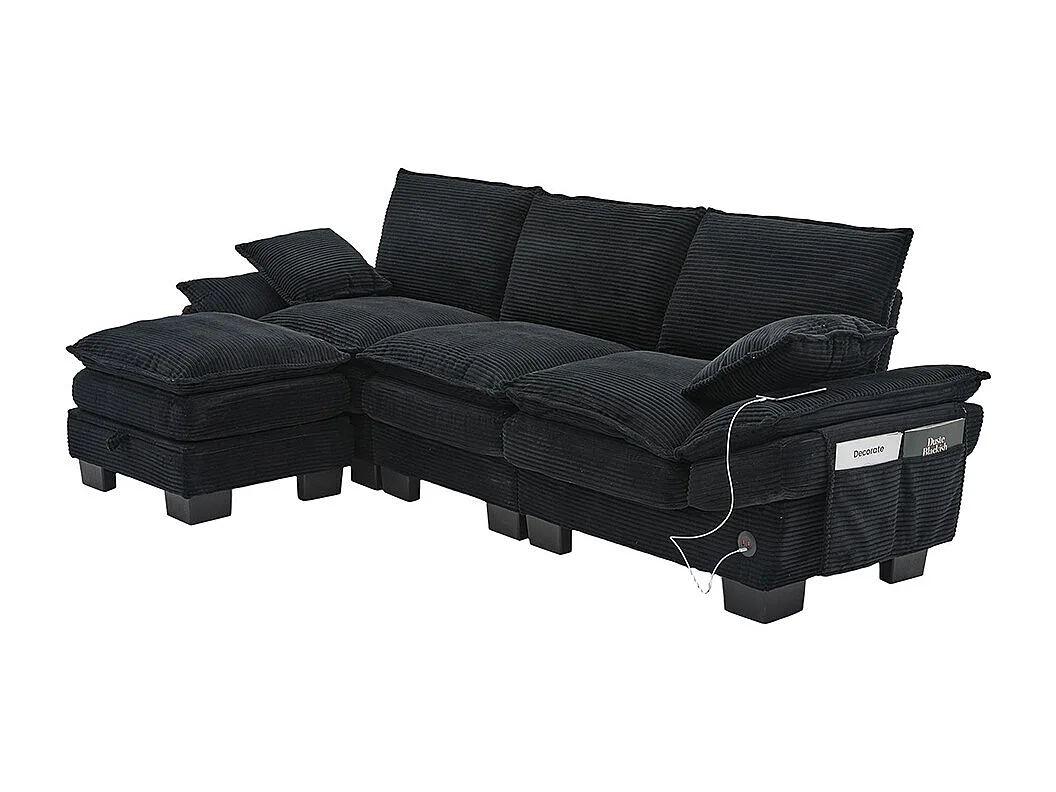 Canapé 3 places velours côtelé, repose-pieds inclus，mousse haute densité,port USB-C et poches latérales，noir