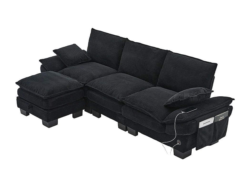 Canapé 3 places velours côtelé, repose-pieds inclus，mousse haute densité,port USB-C et poches latérales，noir