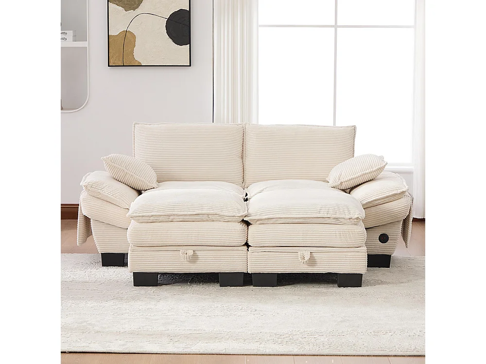 Canapé 2 places velours côtelé, avec deux repose-pieds，mousse haute densité,port USB-C et poches latérales，beige