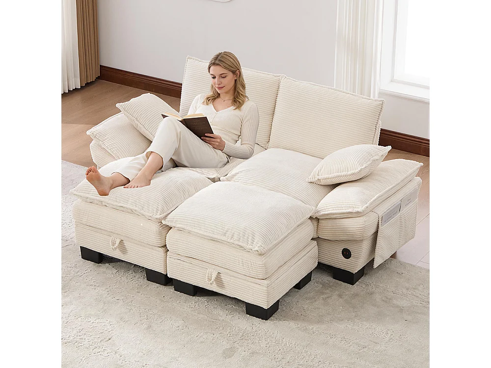 Canapé 2 places velours côtelé, avec deux repose-pieds，mousse haute densité,port USB-C et poches latérales，beige
