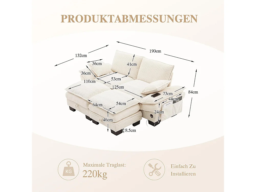 Canapé 2 places velours côtelé, avec deux repose-pieds，mousse haute densité,port USB-C et poches latérales，beige