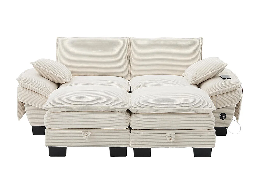 Canapé 2 places velours côtelé, avec deux repose-pieds，mousse haute densité,port USB-C et poches latérales，beige