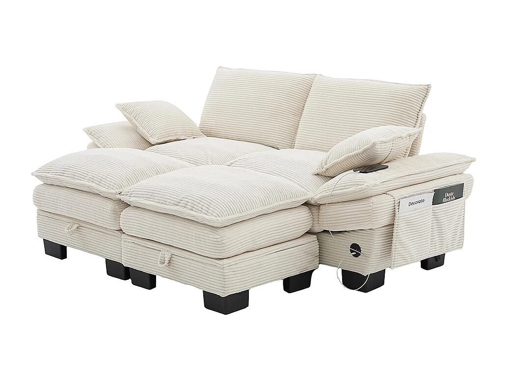 Canapé 2 places velours côtelé, avec deux repose-pieds，mousse haute densité,port USB-C et poches latérales，beige