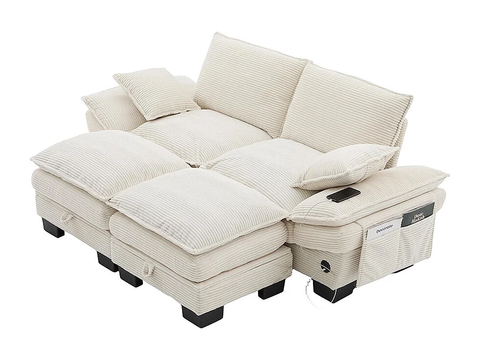 Canapé 2 places velours côtelé, avec deux repose-pieds，mousse haute densité,port USB-C et poches latérales，beige