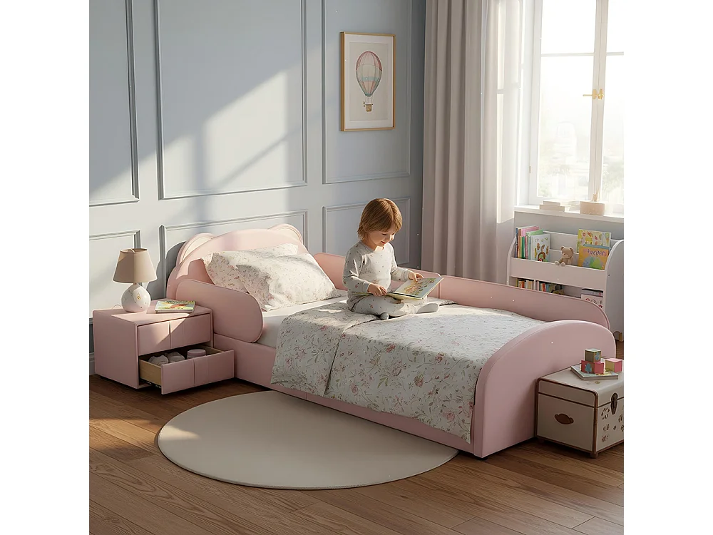 Lit d'enfant 90 x 200 cm, avec table de chevet assortie, bordures rembourrées souples et couleur rose
