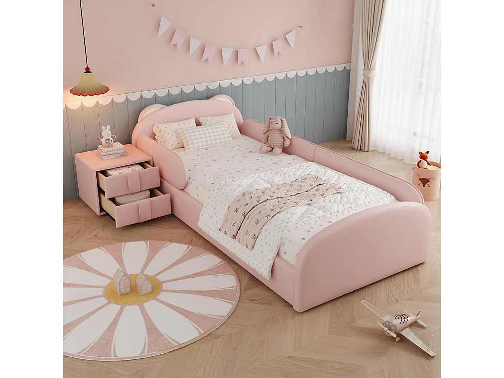 Lit d'enfant 90 x 200 cm, avec table de chevet assortie, bordures rembourrées souples et couleur rose
