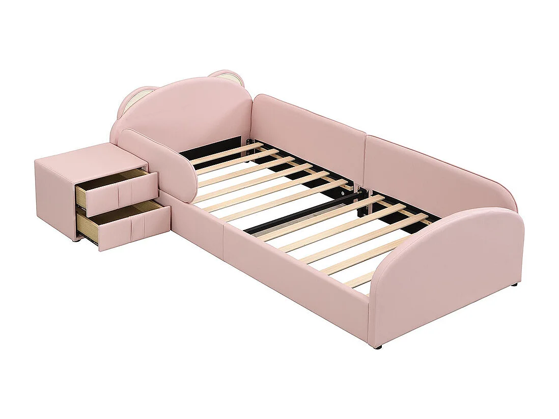 Lit d'enfant 90 x 200 cm, avec table de chevet assortie, bordures rembourrées souples et couleur rose