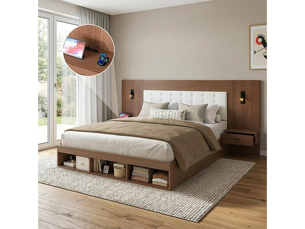 Lit double 180 × 200 cm, équipé d'une station de recharge USB et Type-C ainsi que d'une lampe de lecture, avec 2 tables de chevet,noyer