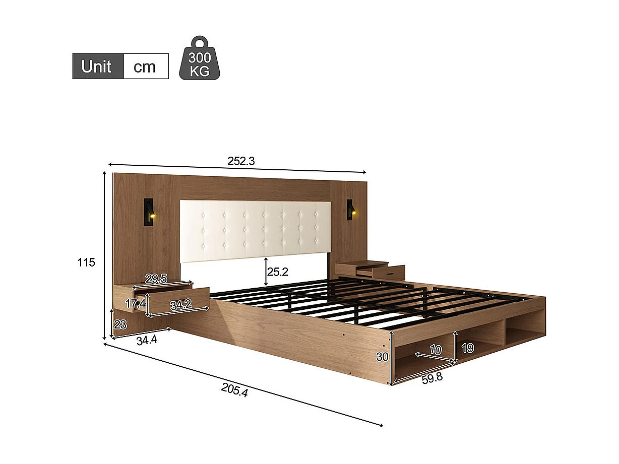 Lit double 180 × 200 cm, équipé d'une station de recharge USB et Type-C ainsi que d'une lampe de lecture, avec 2 tables de chevet,noyer