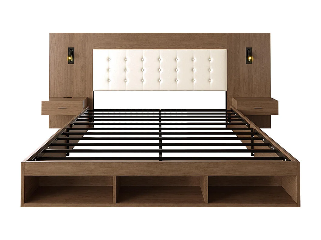 Lit double 180 × 200 cm, équipé d'une station de recharge USB et Type-C ainsi que d'une lampe de lecture, avec 2 tables de chevet,noyer