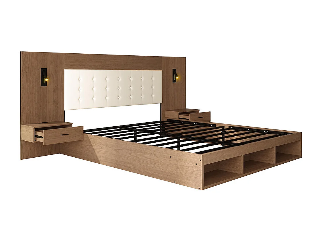 Lit double 180 × 200 cm, équipé d'une station de recharge USB et Type-C ainsi que d'une lampe de lecture, avec 2 tables de chevet,noyer