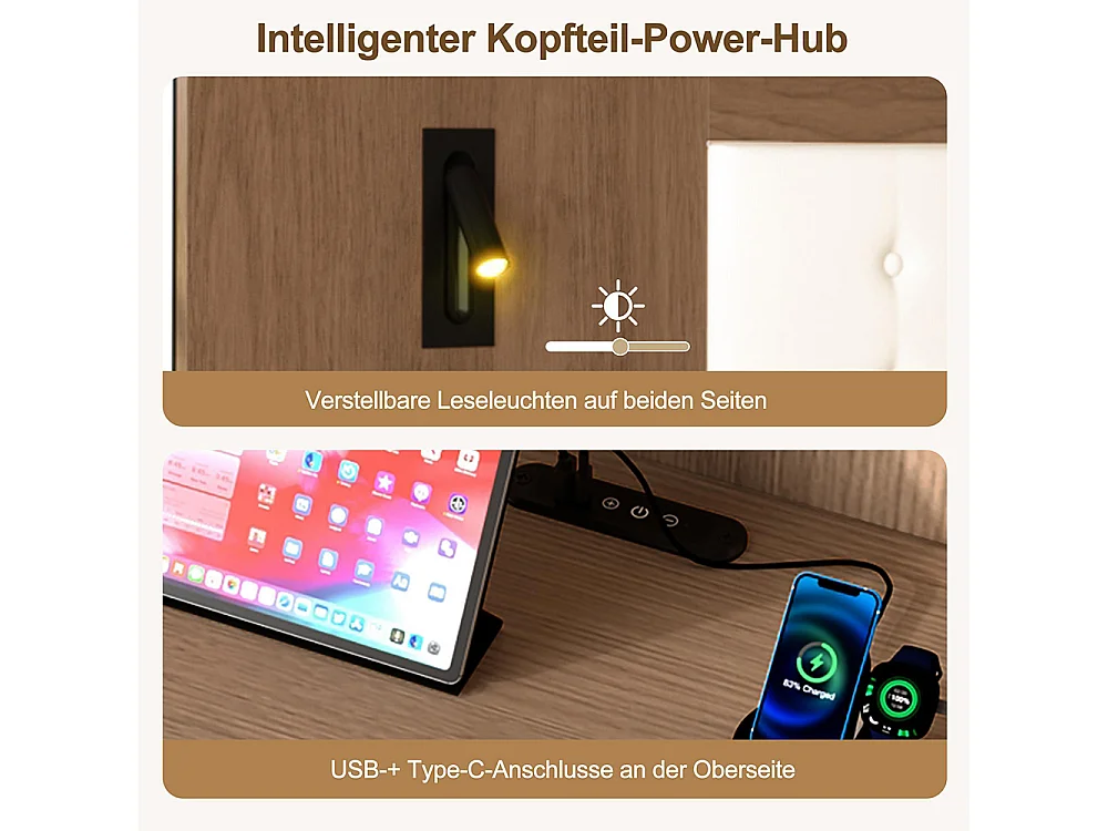 Lit double 180 × 200 cm, équipé d'une station de recharge USB et Type-C ainsi que d'une lampe de lecture, avec 2 tables de chevet,noyer