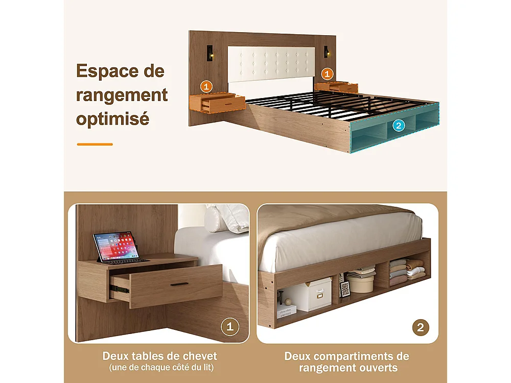 Lit double 180 × 200 cm, équipé d'une station de recharge USB et Type-C ainsi que d'une lampe de lecture, avec 2 tables de chevet,noyer