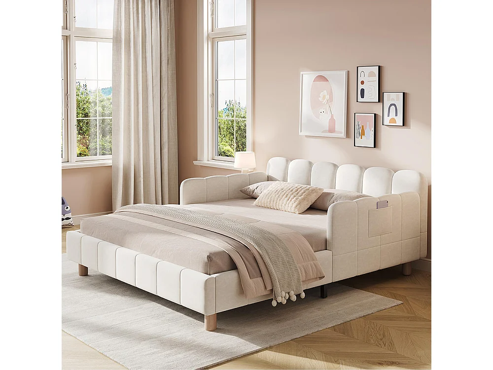 Cama infantil 140 x 200 cm, com cabeceira acolchoada e barreira de segurança, pés em madeira maciça, veludo, bege.