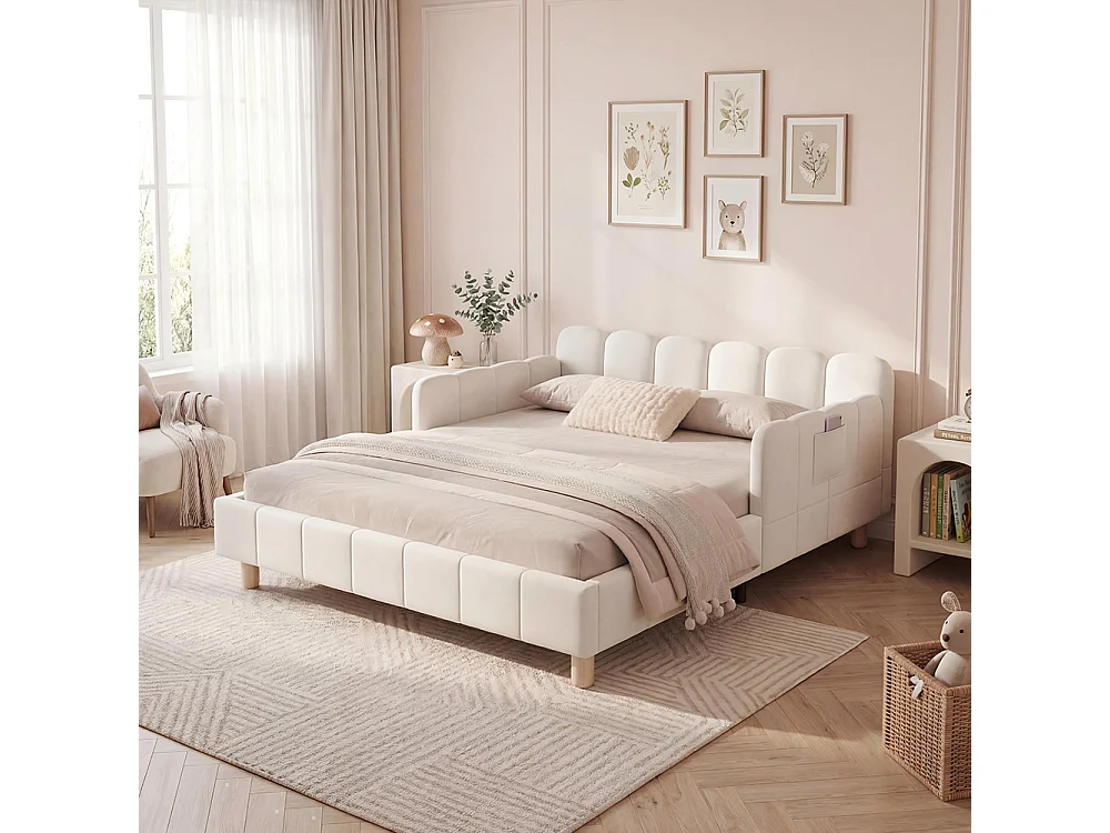 Cama infantil 140 x 200 cm, com cabeceira acolchoada e barreira de segurança, pés em madeira maciça, veludo, bege.