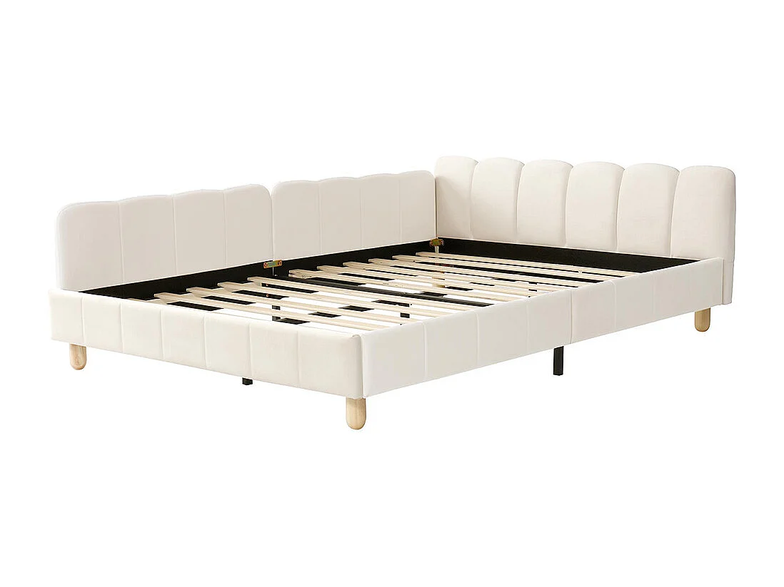 Cama infantil 140 x 200 cm, com cabeceira acolchoada e barreira de segurança, pés em madeira maciça, veludo, bege.