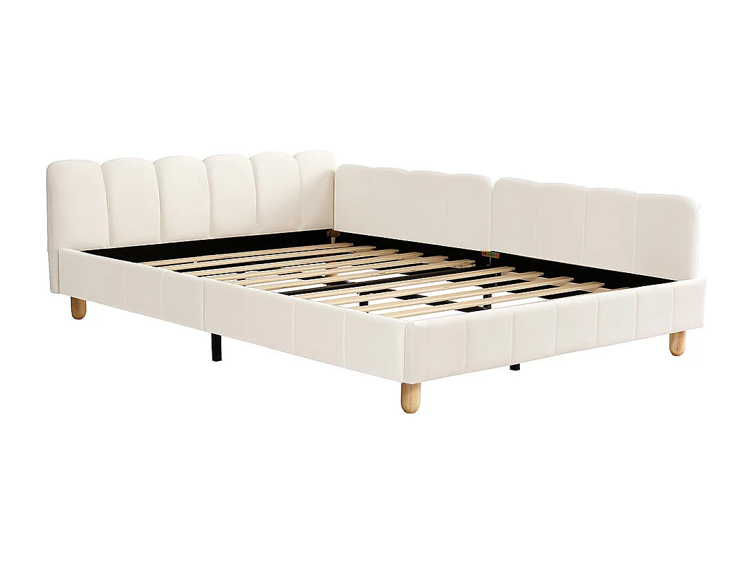 Cama infantil 140 x 200 cm, com cabeceira acolchoada e barreira de segurança, pés em madeira maciça, veludo, bege.