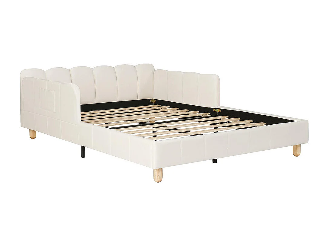 Cama infantil 140 x 200 cm, com cabeceira acolchoada e barreira de segurança, pés em madeira maciça, veludo, bege.