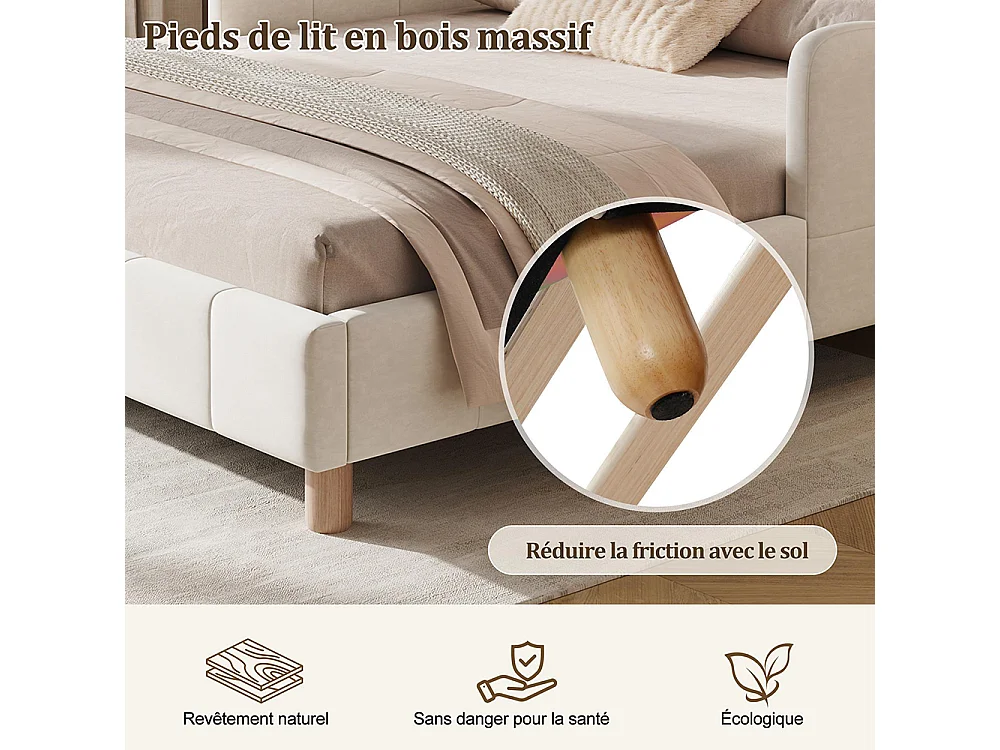 Cama infantil 140 x 200 cm, com cabeceira acolchoada e barreira de segurança, pés em madeira maciça, veludo, bege.