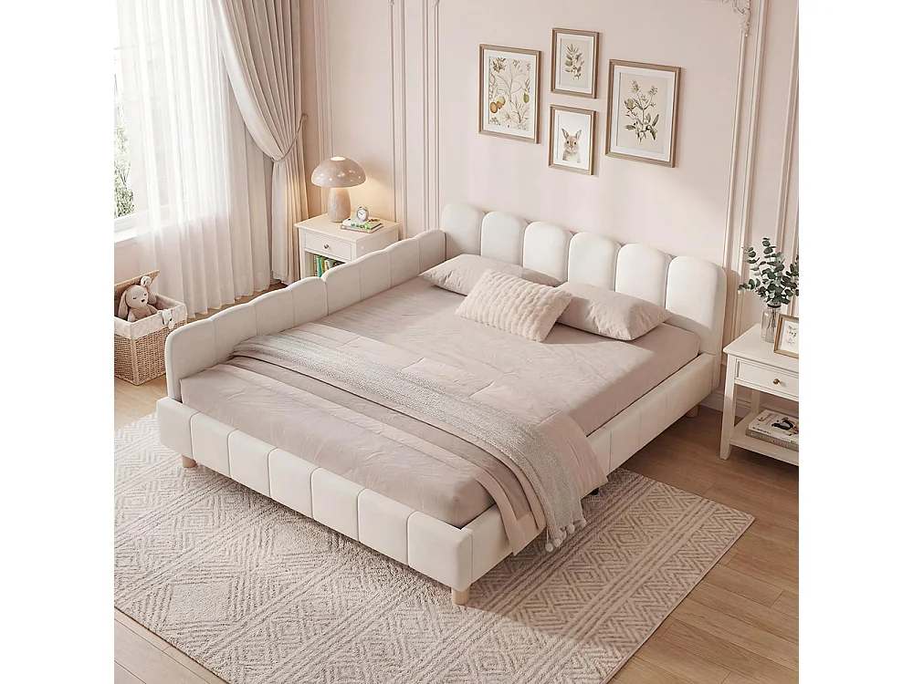 Lit enfant 140 x 190 cm, avec tête de lit capitonnée et barrière de sécurité, pieds en bois massif, velours, beige.