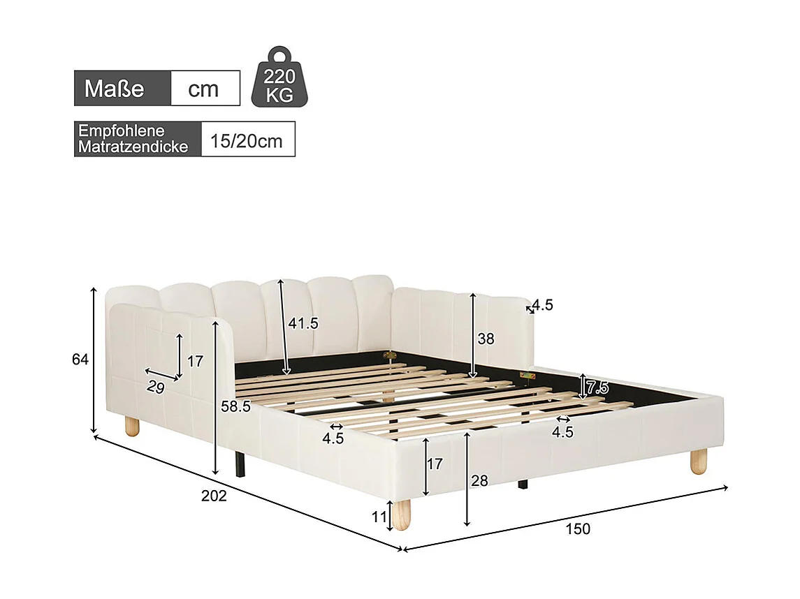 Lit enfant 140 x 190 cm, avec tête de lit capitonnée et barrière de sécurité, pieds en bois massif, velours, beige.