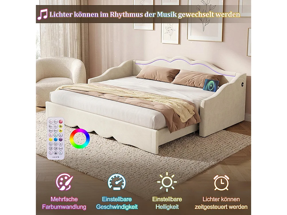 Cama infantil 90 x 200 cm, extensível até 180 cm, com iluminação LED e porta USB, em veludo bege