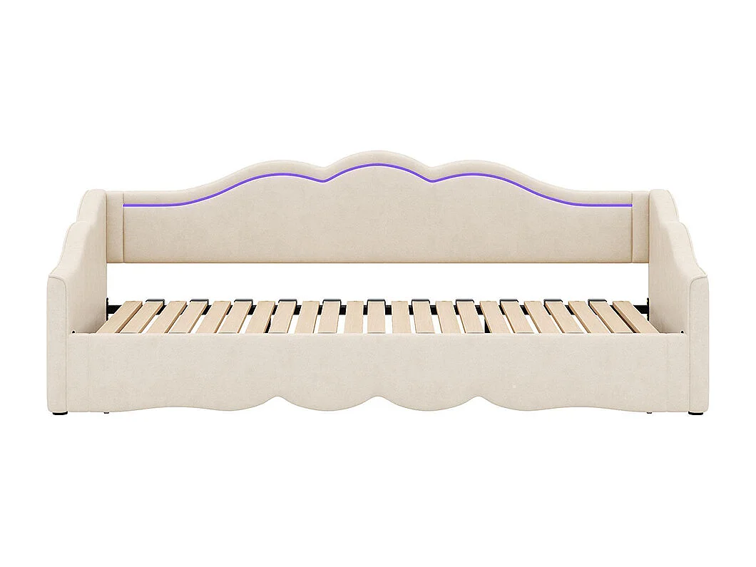 Cama infantil 90 x 200 cm, extensível até 180 cm, com iluminação LED e porta USB, em veludo bege