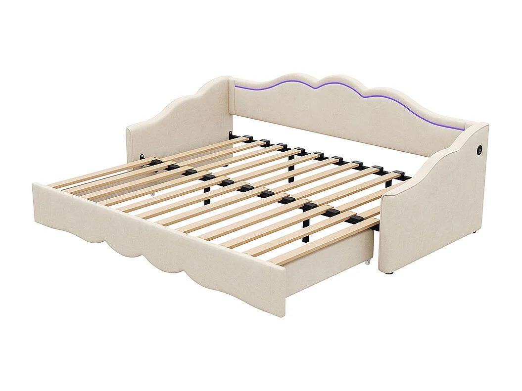 Cama infantil 90 x 200 cm, extensível até 180 cm, com iluminação LED e porta USB, em veludo bege
