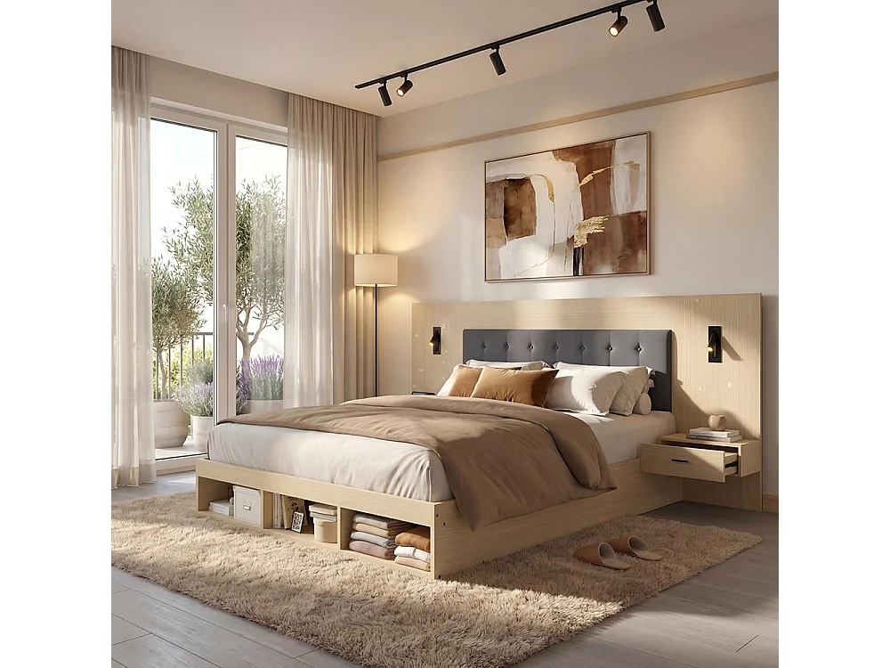 Cama de casal 160 × 200 cm, equipada com uma estação de carregamento USB e Type-C, bem como um candeeiro de leitura, com 2 mesas de cabeceira, carvalho claro