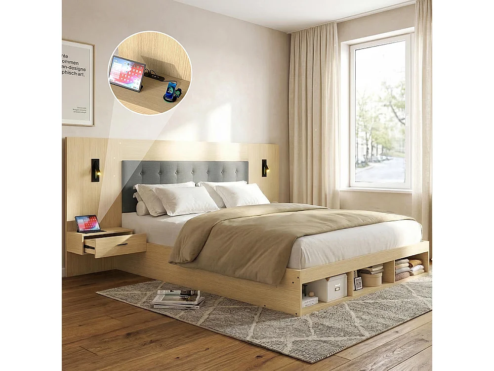 Cama de casal 160 × 200 cm, equipada com uma estação de carregamento USB e Type-C, bem como um candeeiro de leitura, com 2 mesas de cabeceira, carvalho claro