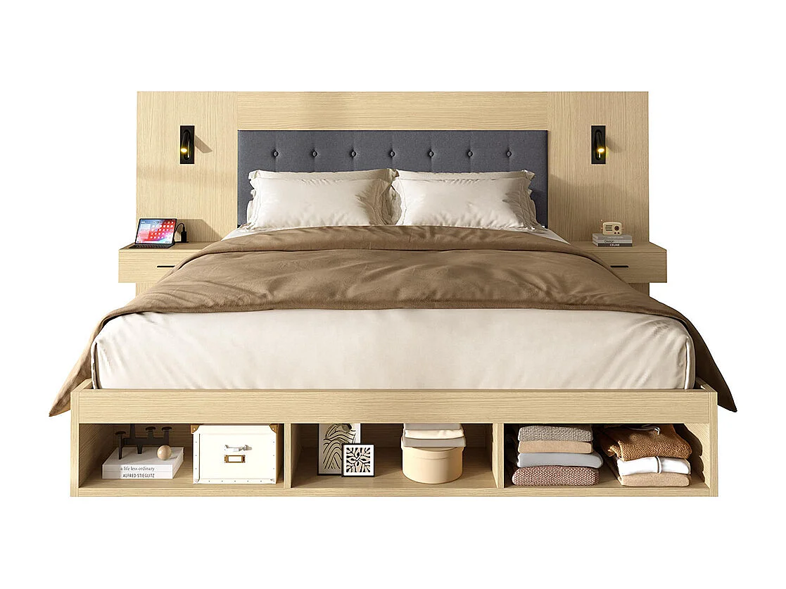 Cama de casal 160 × 200 cm, equipada com uma estação de carregamento USB e Type-C, bem como um candeeiro de leitura, com 2 mesas de cabeceira, carvalho claro
