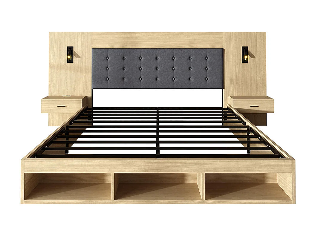 Cama de casal 160 × 200 cm, equipada com uma estação de carregamento USB e Type-C, bem como um candeeiro de leitura, com 2 mesas de cabeceira, carvalho claro