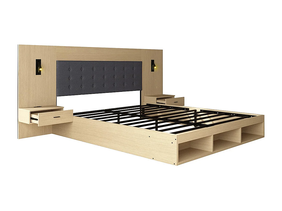 Cama de casal 160 × 200 cm, equipada com uma estação de carregamento USB e Type-C, bem como um candeeiro de leitura, com 2 mesas de cabeceira, carvalho claro