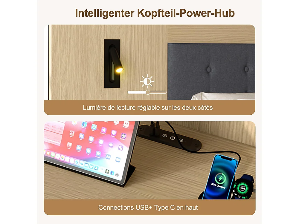Cama de casal 160 × 200 cm, equipada com uma estação de carregamento USB e Type-C, bem como um candeeiro de leitura, com 2 mesas de cabeceira, carvalho claro