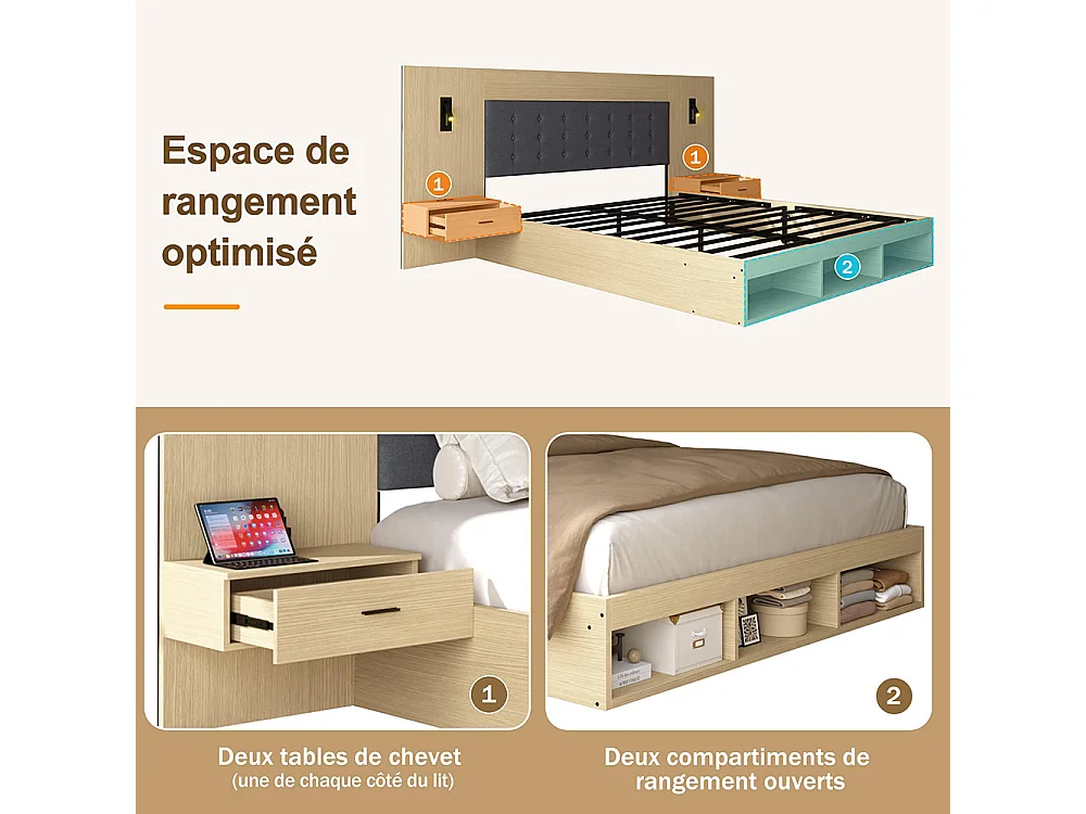 Cama de casal 160 × 200 cm, equipada com uma estação de carregamento USB e Type-C, bem como um candeeiro de leitura, com 2 mesas de cabeceira, carvalho claro