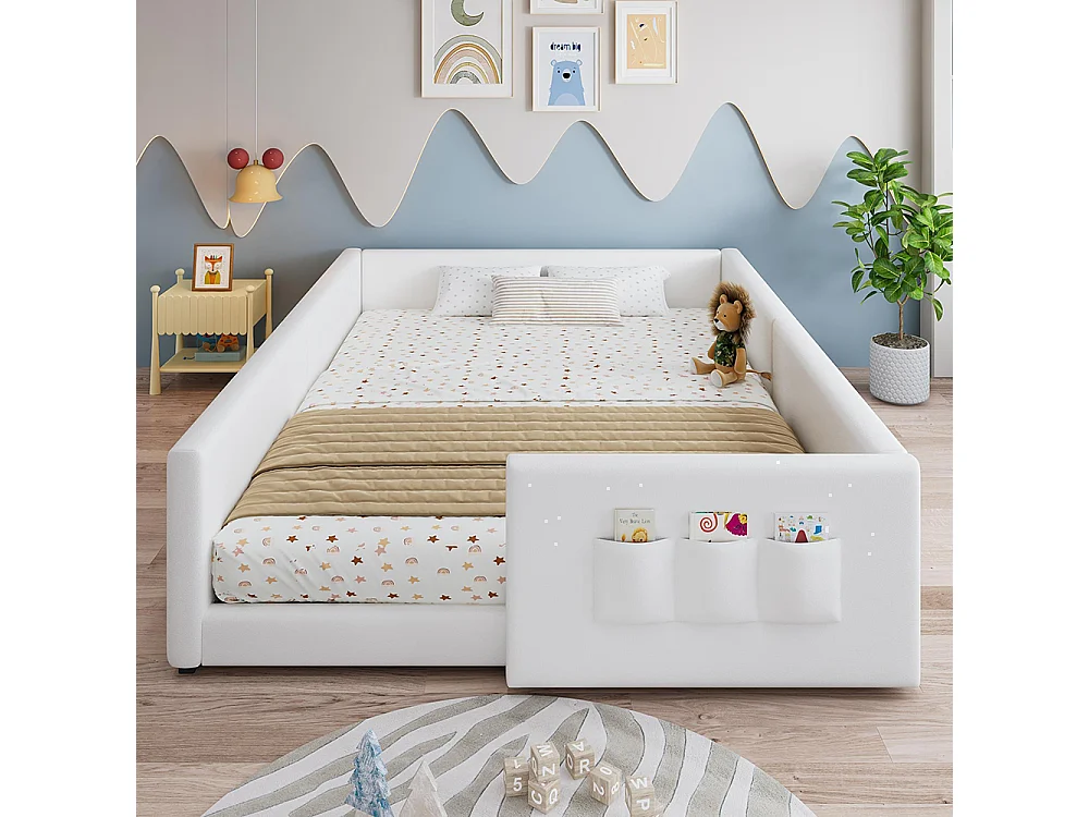 Cama infantil 140 x 200 cm, em PU, equipada com 3 bolsos de arrumação práticos, bordas pespontadas, estrutura em PU e contraplacado, branco