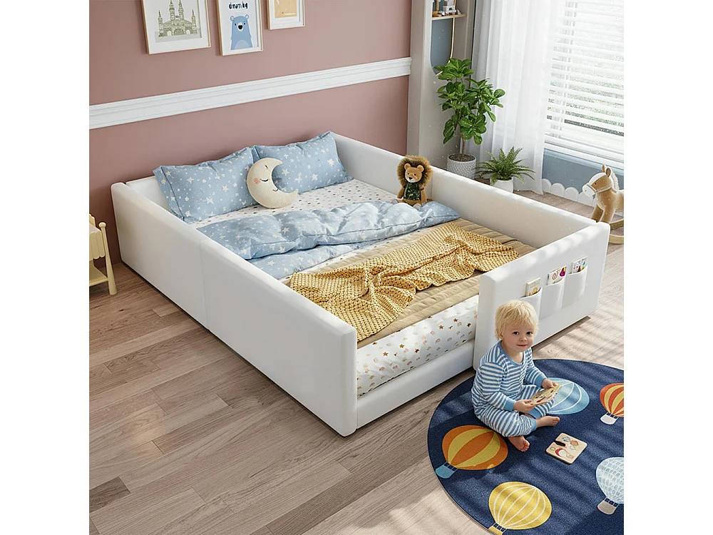 Cama infantil 140 x 200 cm, em PU, equipada com 3 bolsos de arrumação práticos, bordas pespontadas, estrutura em PU e contraplacado, branco