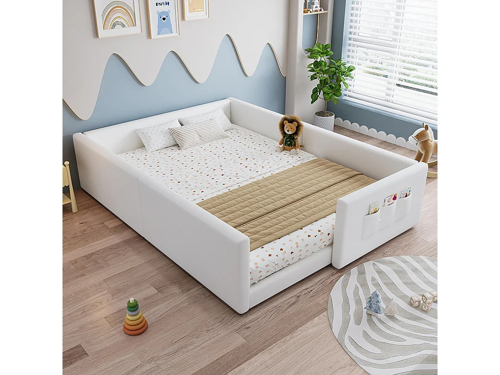 Cama infantil 140 x 200 cm, em PU, equipada com 3 bolsos de arrumação práticos, bordas pespontadas, estrutura em PU e contraplacado, branco