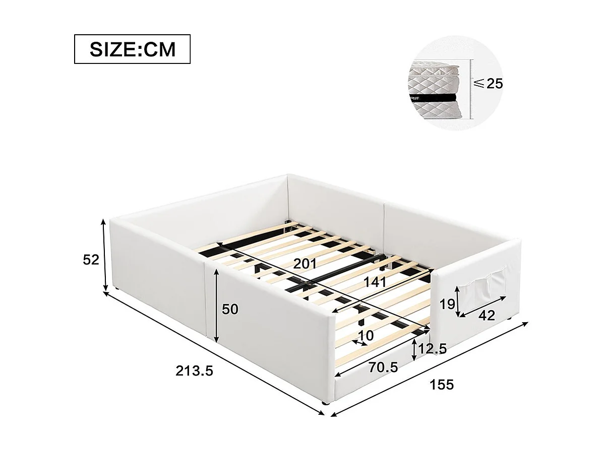 Cama infantil 140 x 200 cm, em PU, equipada com 3 bolsos de arrumação práticos, bordas pespontadas, estrutura em PU e contraplacado, branco