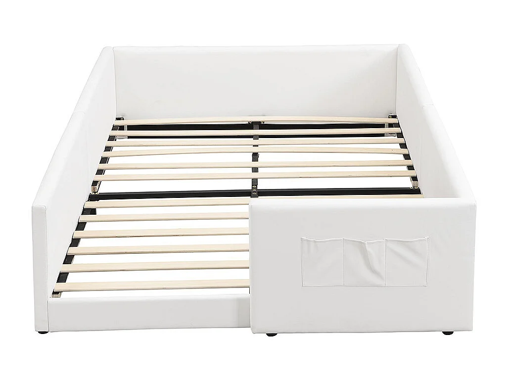 Cama infantil 140 x 200 cm, em PU, equipada com 3 bolsos de arrumação práticos, bordas pespontadas, estrutura em PU e contraplacado, branco