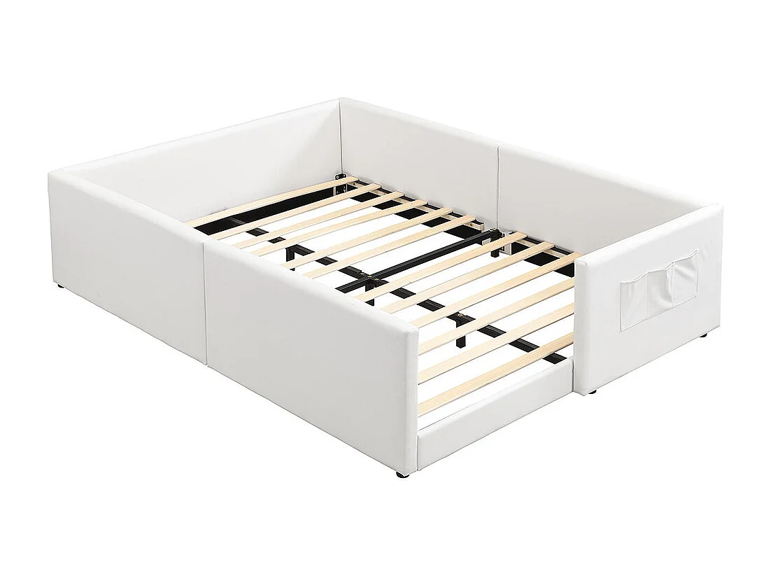 Cama infantil 140 x 200 cm, em PU, equipada com 3 bolsos de arrumação práticos, bordas pespontadas, estrutura em PU e contraplacado, branco